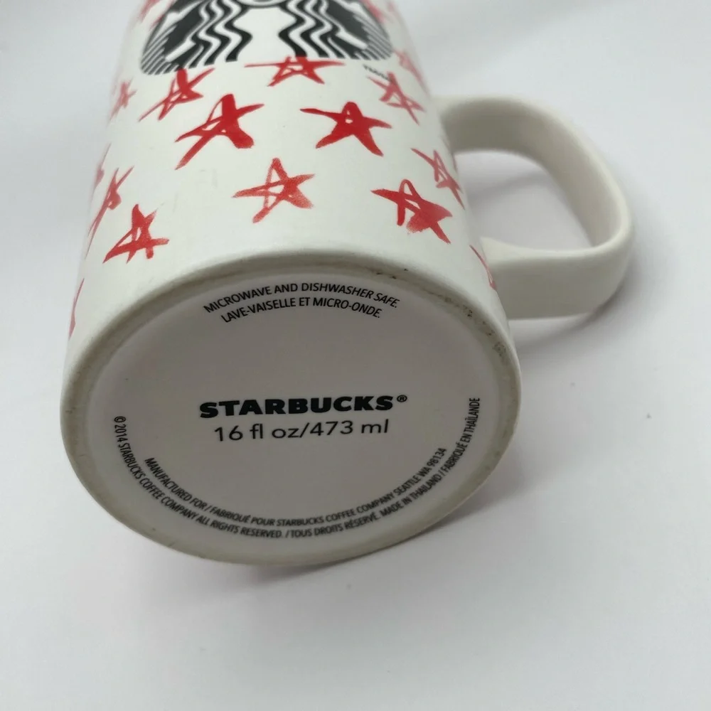 Starbucks 2014 Red Stars Ceramic Coffee Mug 16oz Grande Tall White Hand Drawn